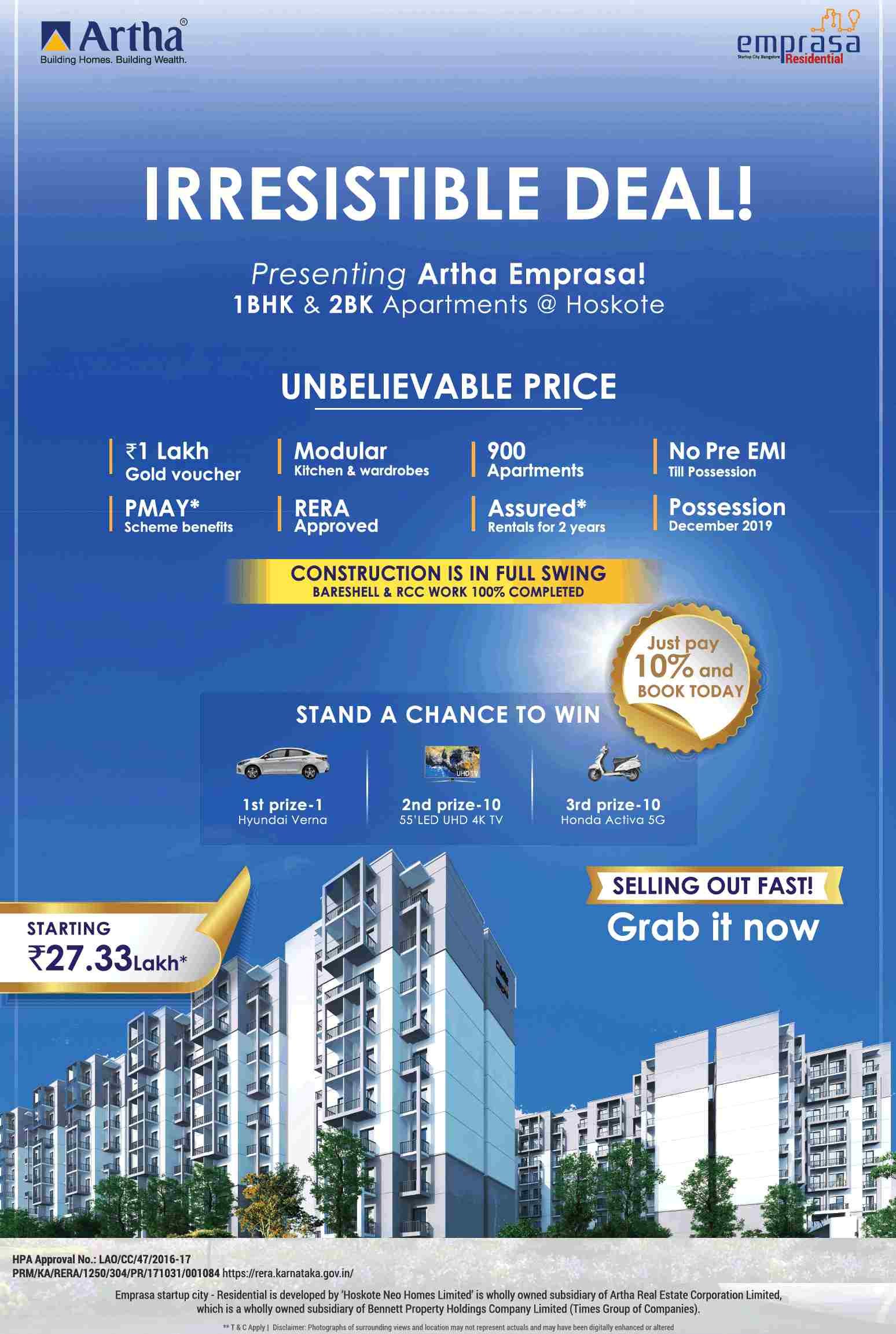 Just pay 10% and book today at Artha Emprasa in Hoskote, Bangalore Update